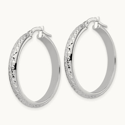 Diamond Cut Hoop Earrings, 14K White Gold
