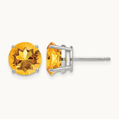 Citrine Earrings, 8mm, 14K White Gold