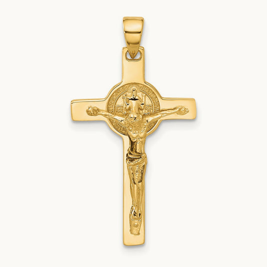 Polished Crucifix and St Benedict Pendant, 14K