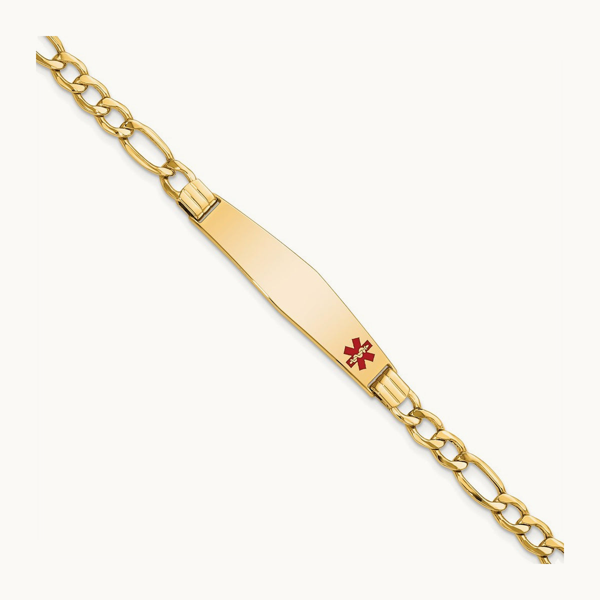 Semi-Solid Medical Soft Diamond Shape Red Enamel Figaro ID Bracelet, 14K
