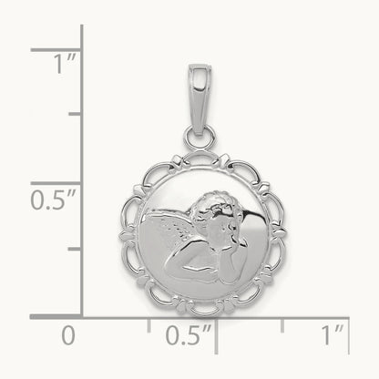 Polished Angel On Round Scallop Frame Pendant — 14K White Gold