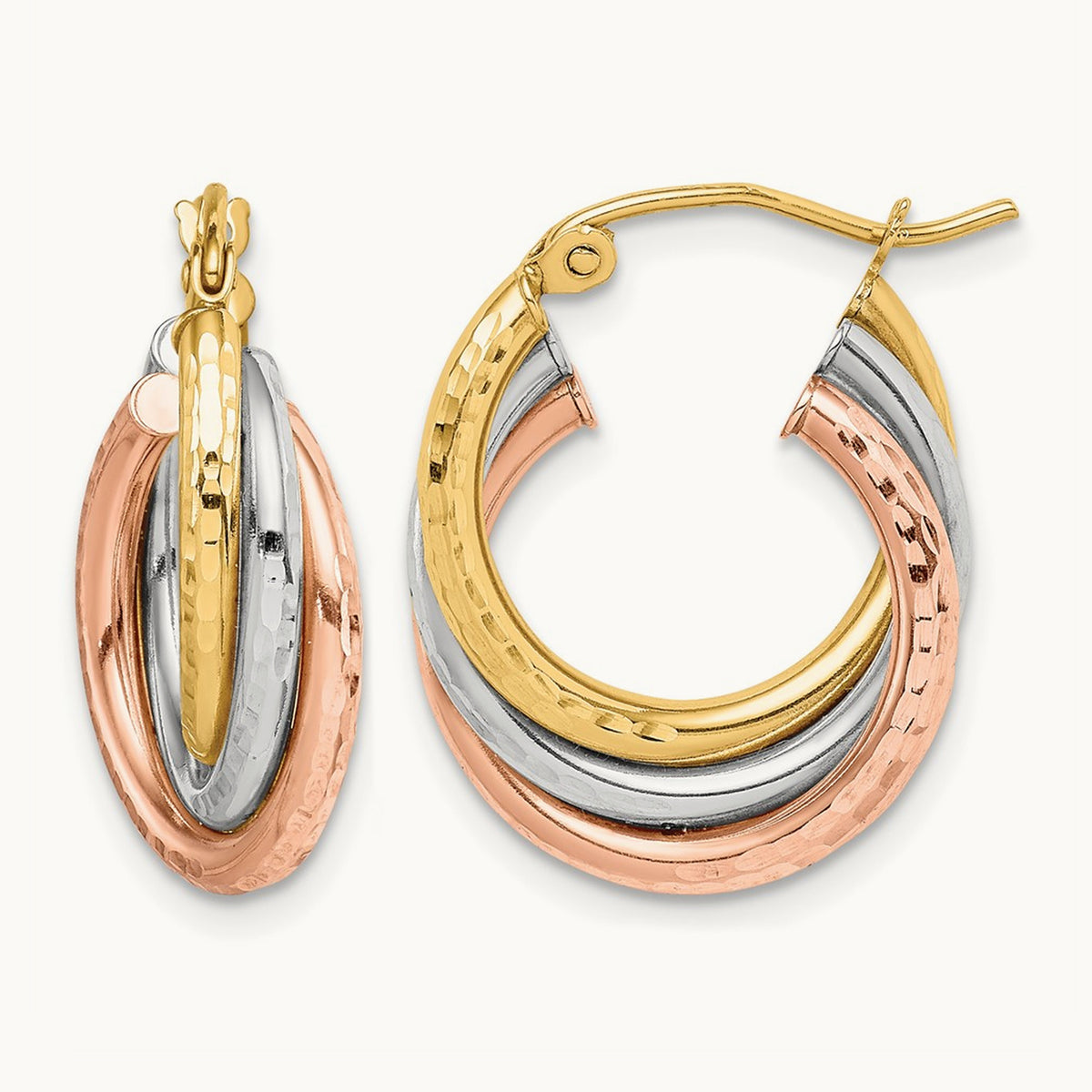 Tri-color Textured Triple Hoop Earrings, 14K