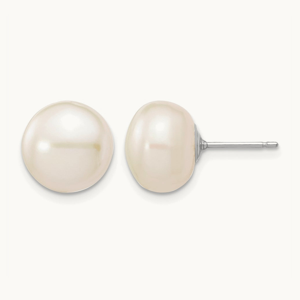 10-11mmWhite Button FW Cultured Pearl Stud Post Earrings, 14K White Gold
