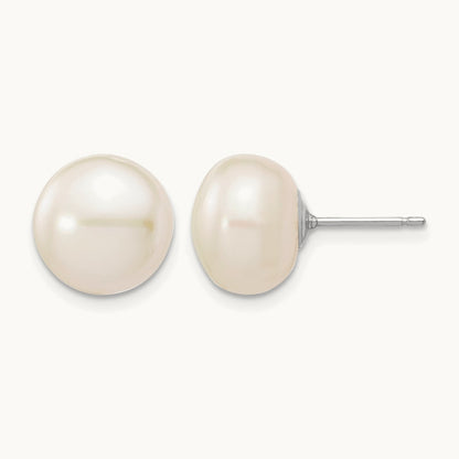 10-11mmWhite Button FW Cultured Pearl Stud Post Earrings, 14K White Gold