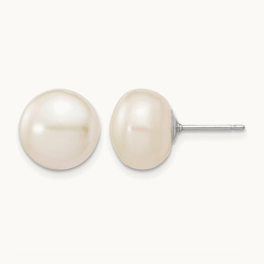 10-11mmWhite Button FW Cultured Pearl Stud Post Earrings, 14K White Gold