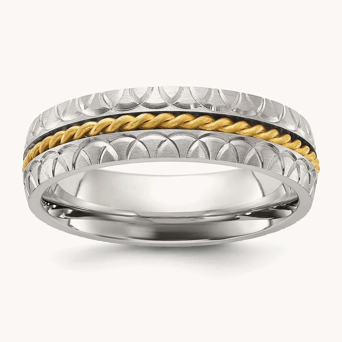 Brushed, Polished and Textured Yellow IP Center Band, 6mm, Stainless Steel