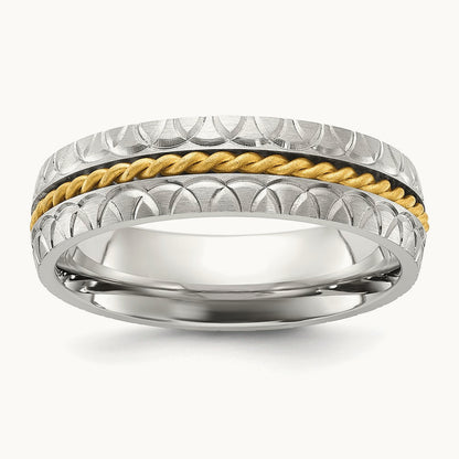 Brushed, Polished and Textured Yellow IP Center Band, 6mm, Stainless Steel