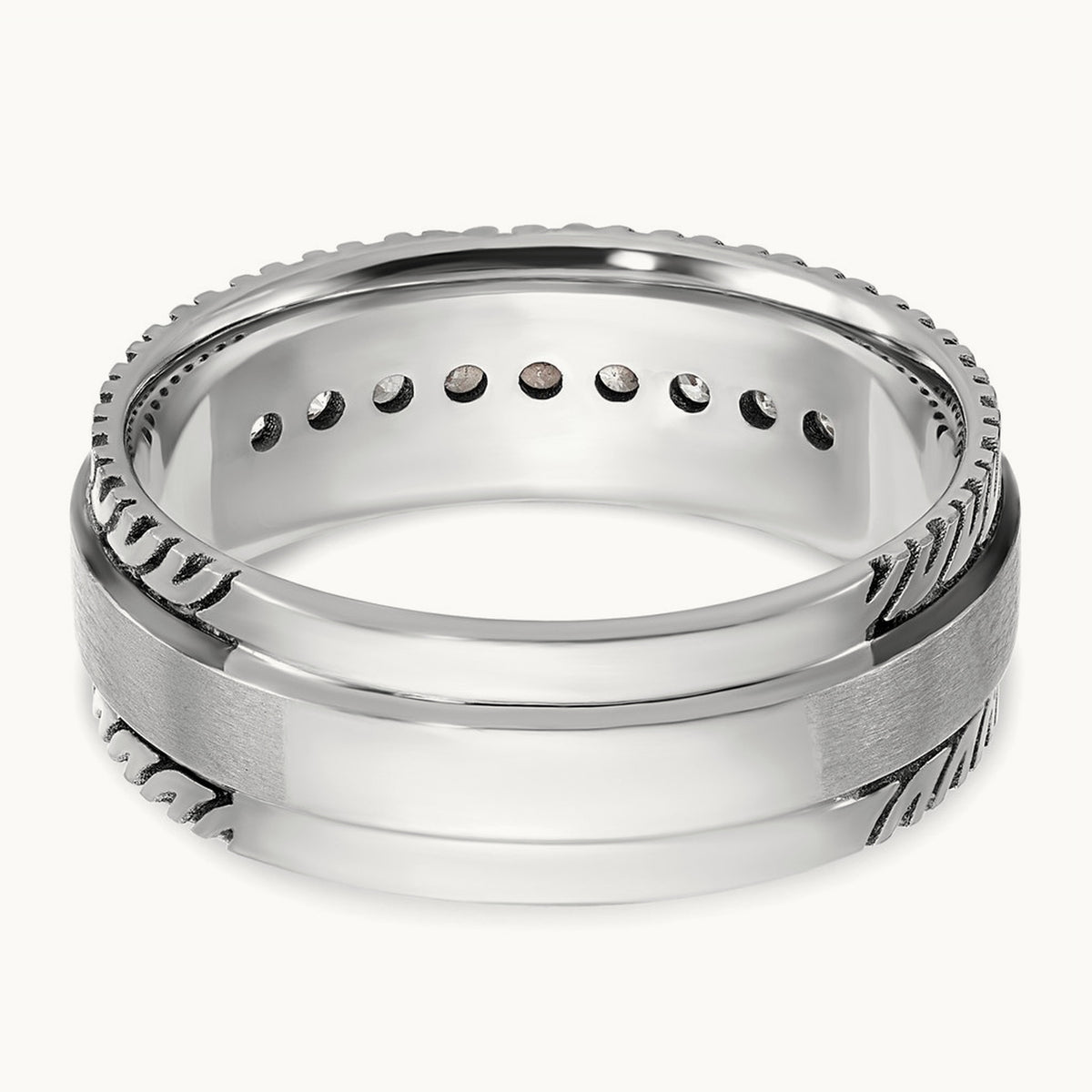 w/ Black RH IBGoodman Men's Polished Satin Grooved Diamond Ring, 14K White Gold