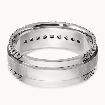 w/ Black RH IBGoodman Men's Polished Satin Grooved Diamond Ring, 14K White Gold