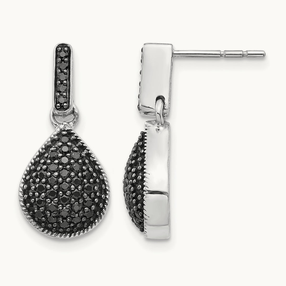 Diamond Black Teardrop Dangle Post Earrings, 14K White Gold