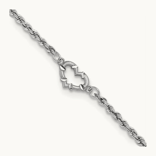 Diamond-cut Rope with Heart 10in Anklet — 14K White Gold