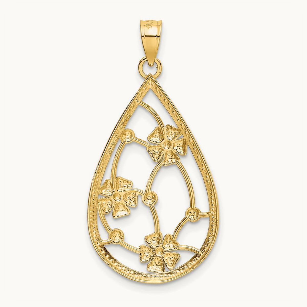 w/ White Rhodium Flowers In Teardrop Frame Charm, 14K