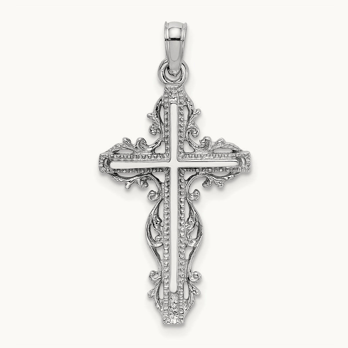 Cross with Lace Trim Charm — 14K White Gold