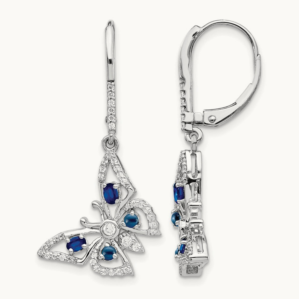 Diamond/Sapphire Butterfly Leverback Earrings, 14K White Gold