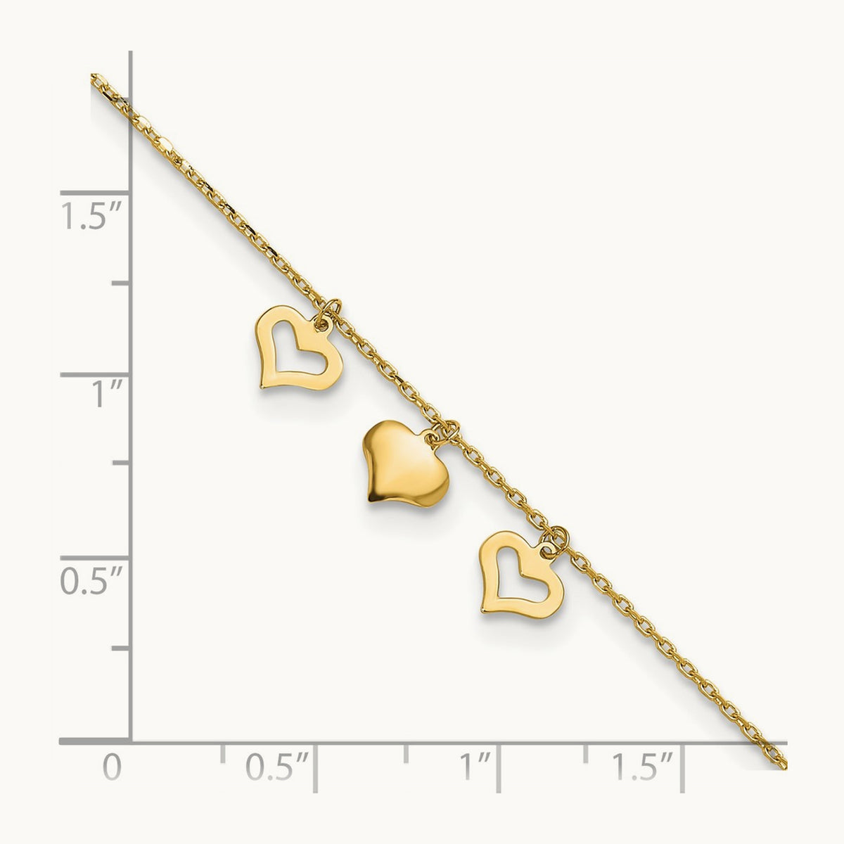 3 Hearts 10inch Plus 1 inch Extension Anklet, 14K