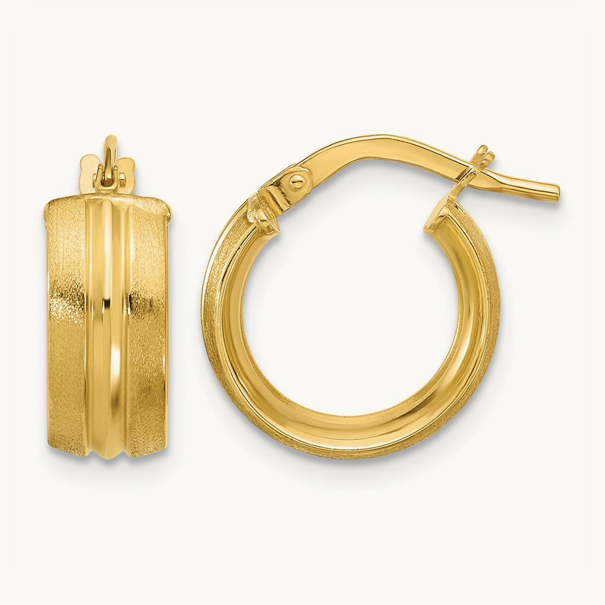 Polished and Satin Round Hoop Earrings — 14K Yellow Gold