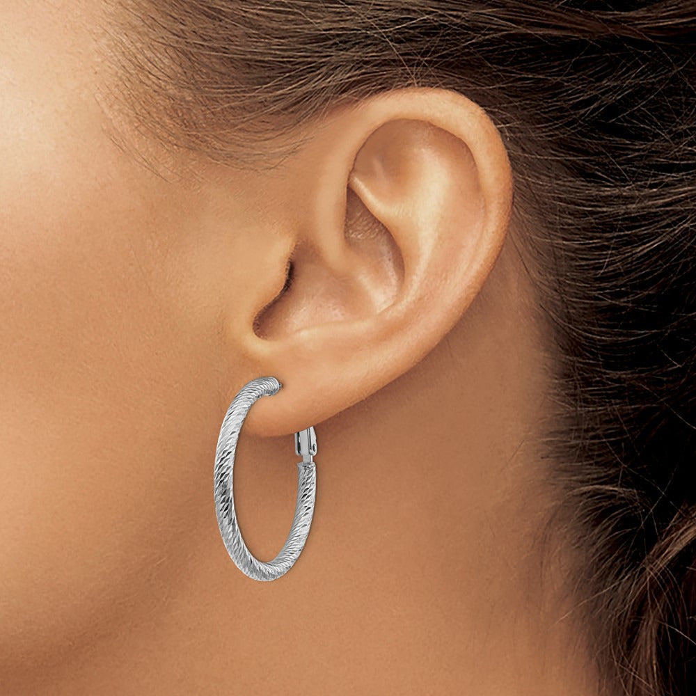 Diamond-cut Round Omega Back Hoop Earrings — 14K White Gold, 3x32mm
