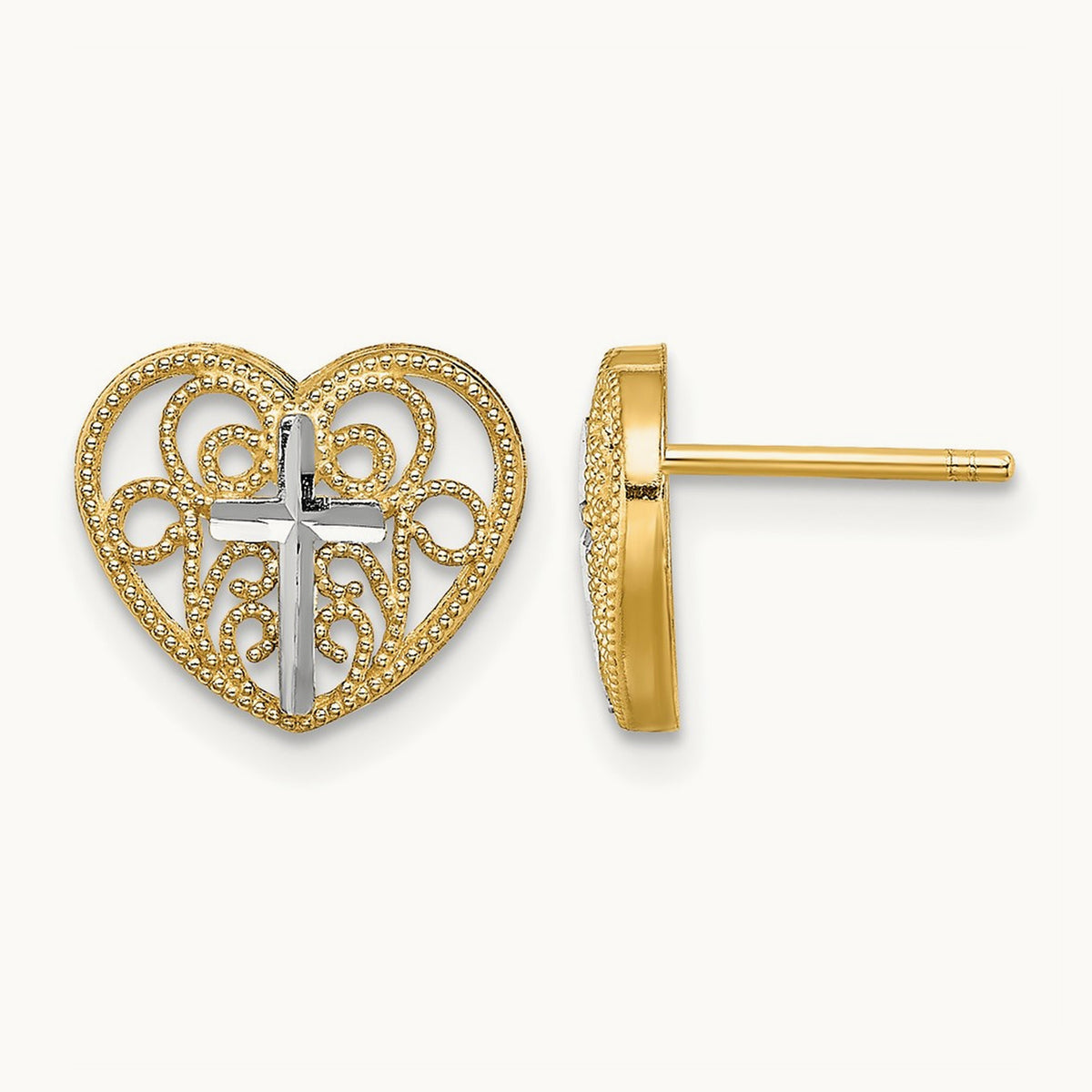 w/Rhodium Filigree Cross Center Heart Post Earrings, 14K