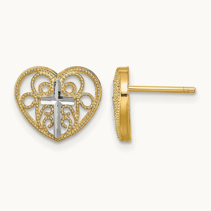 w/Rhodium Filigree Cross Center Heart Post Earrings, 14K