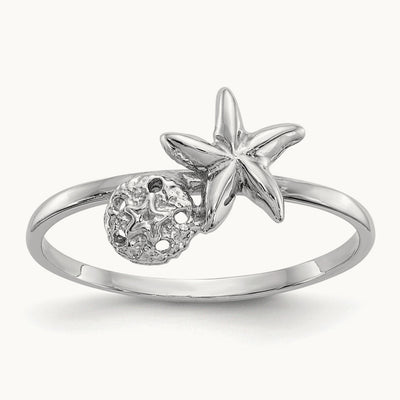 Polished Starfish & Sand Dollar Ring, 14K White Gold