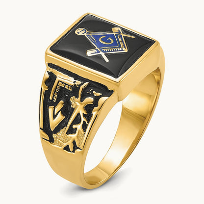 Men's Polished & Textured w/ Black Enamel & Onyx Masonic Ring, 14K