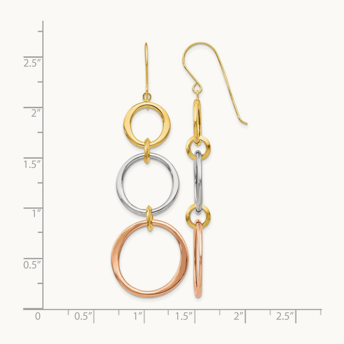 Tri-color Triple Circle Dangle Earrings, 14K