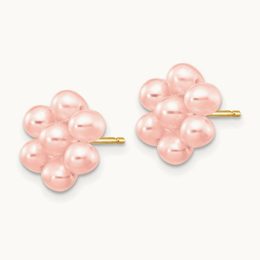 3- Pink Egg Freshwater Cultured Pearl Flower Earrings, 4mm, 14K