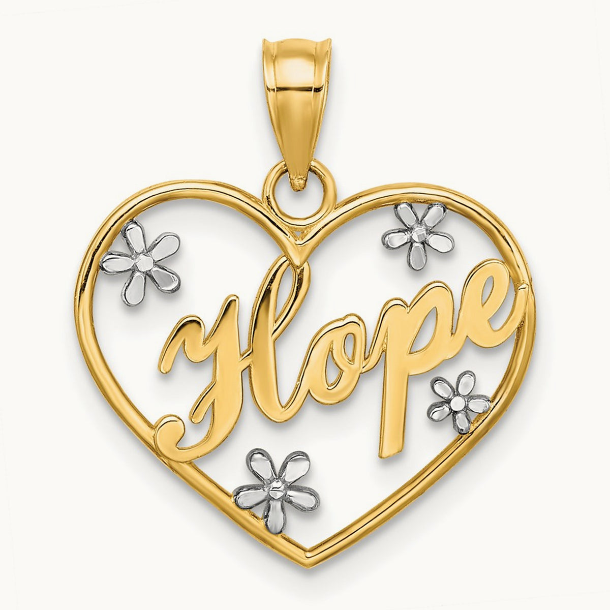 w/Rhodium Hope In Heart w/Flowers Charm, 14K
