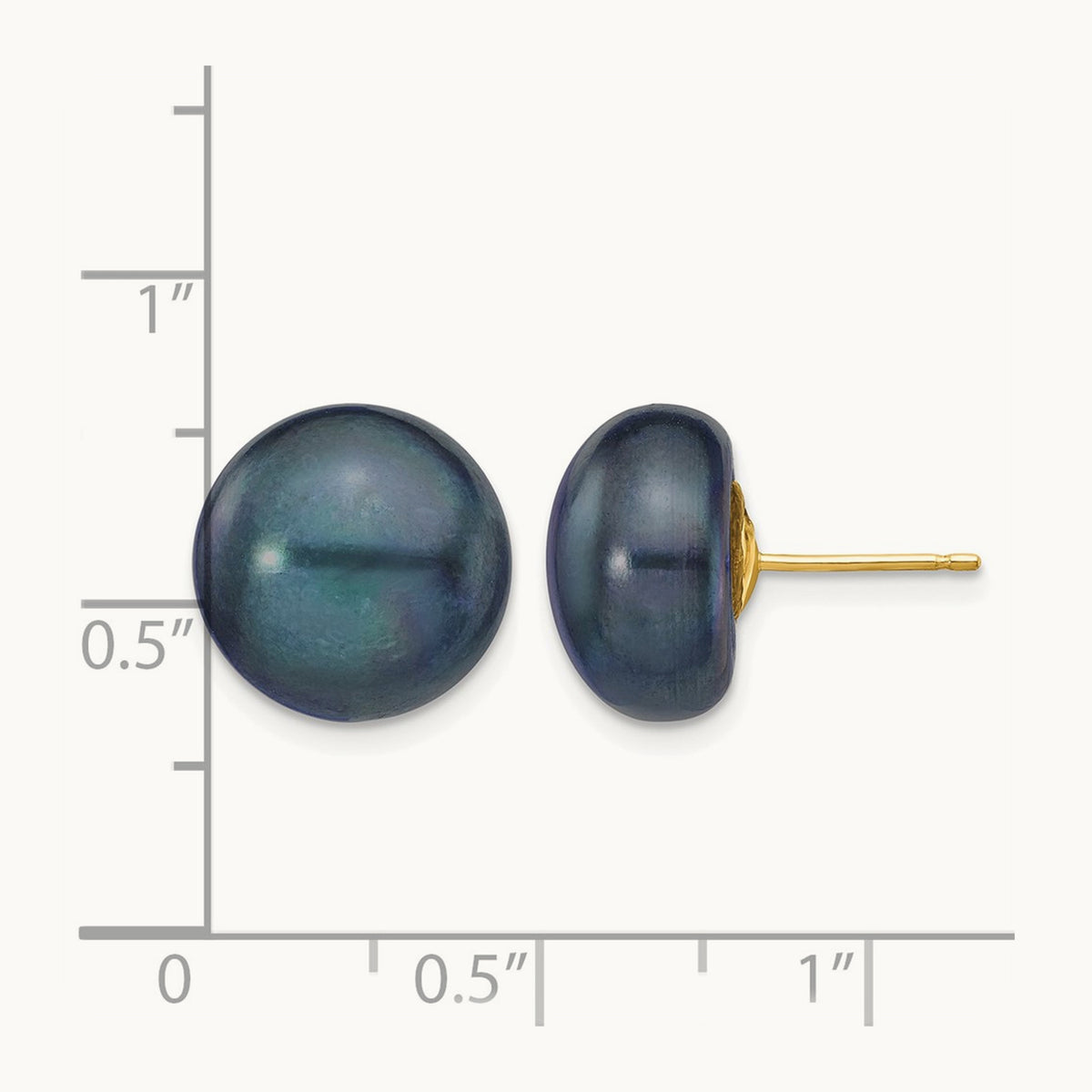 Black Button Freshwater Cultured Pearl Stud Post Earrings — 14K Yellow Gold