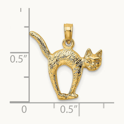 3-D Textured Arch Back and Raised Tail Cat Charm, 14K