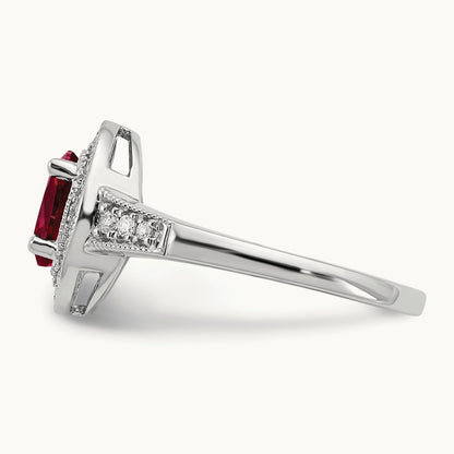 Oval Created Ruby and Diamond Halo Ring, 14K White Gold