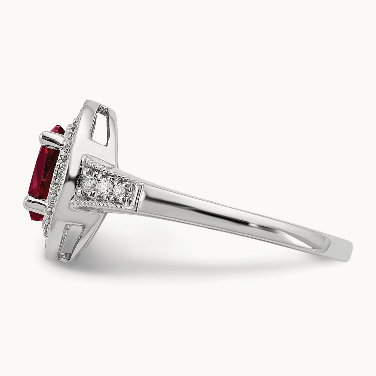 Oval Created Ruby and Diamond Halo Ring, 14K White Gold