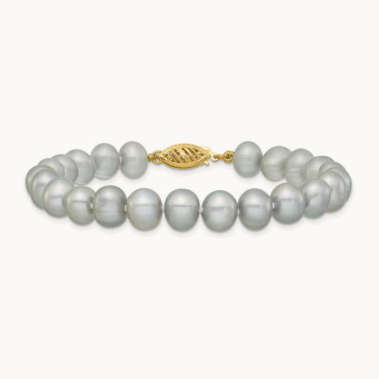 7- Near Round Grey Freshwater Cultured Pearl Bracelet, 8mm, 14K