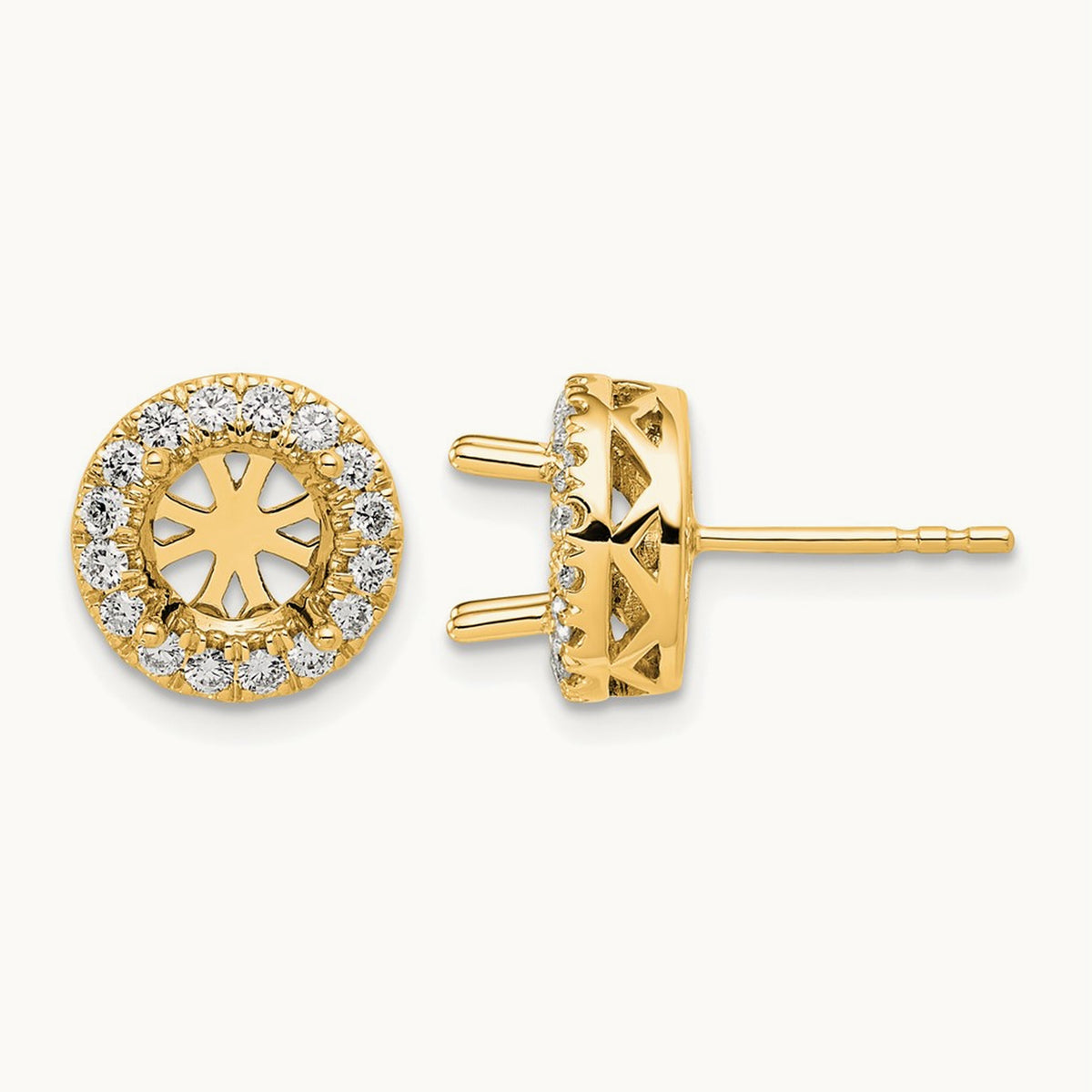 Semi-Mount Round Halo Post Earrings, 0.50 ct tw Lab-Grown Diamond — 14K Yellow Gold