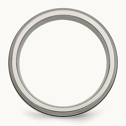 Antiqued/Brushed w/Sterling Silver Inlay Grooved Band, 8mm, Titanium