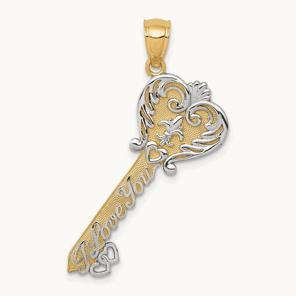 w/White Rhodium Polished I LOVE YOU Filigree Heart Key Charm, 14K