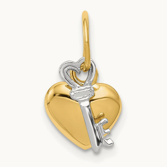 Polished Moveable Key and Heart Lock Charm, 14K Two-tone
