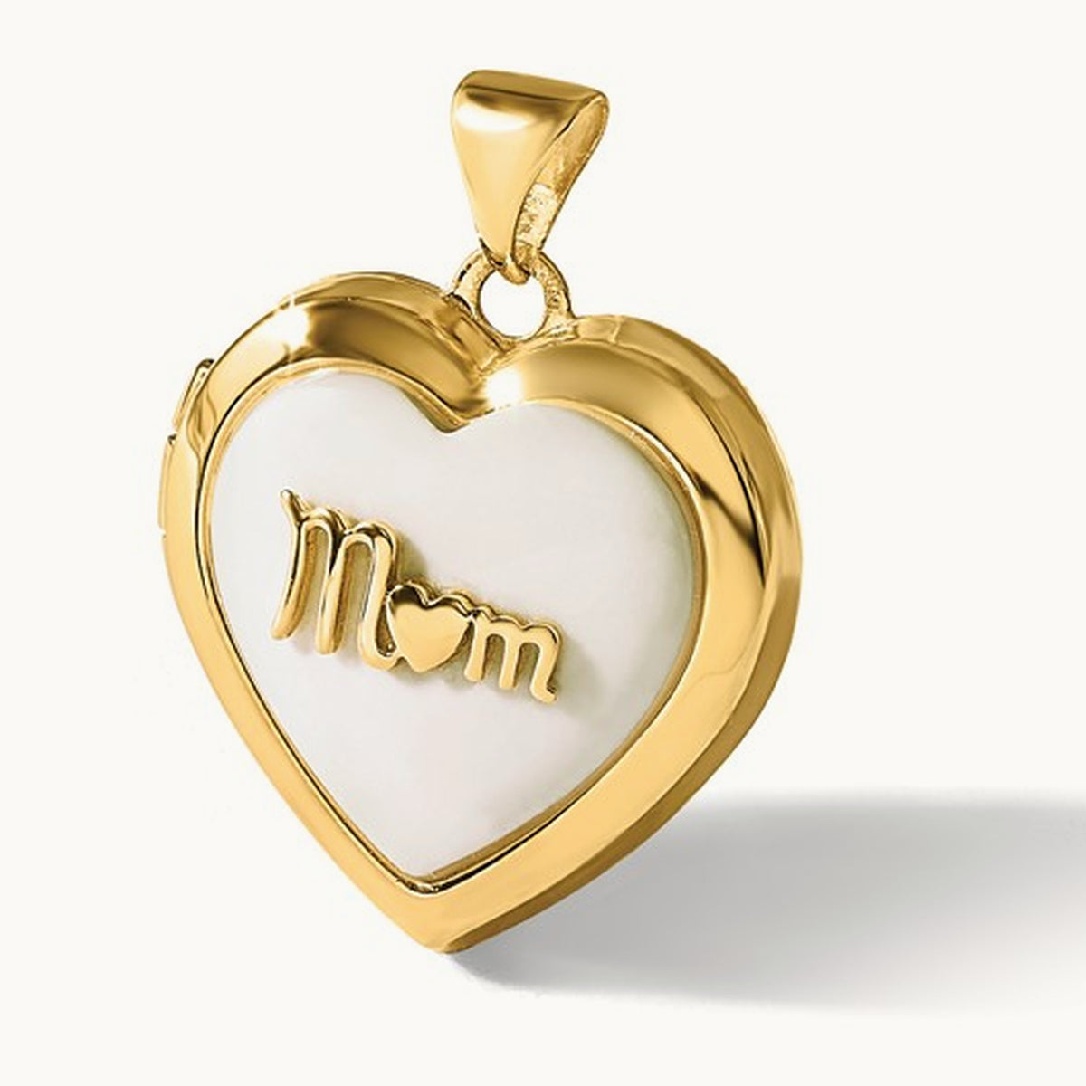 Polished White Agate Mom Heart Locket, 18mm, 14K