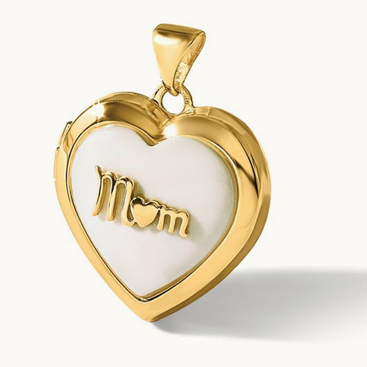 Polished White Agate Mom Heart Locket, 18mm, 14K