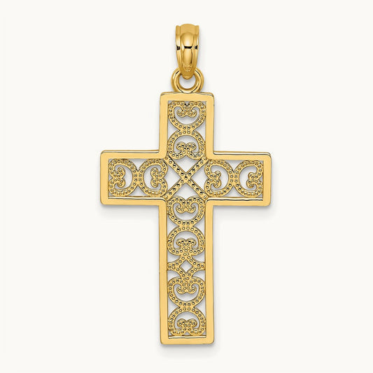 Polished Square Cross with Heart Design Charm — 14K Yellow Gold