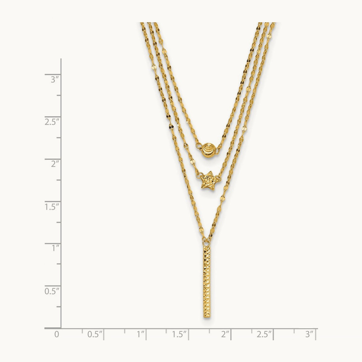 Three Layer D/C Bead/Star/Bar Necklace, 14K
