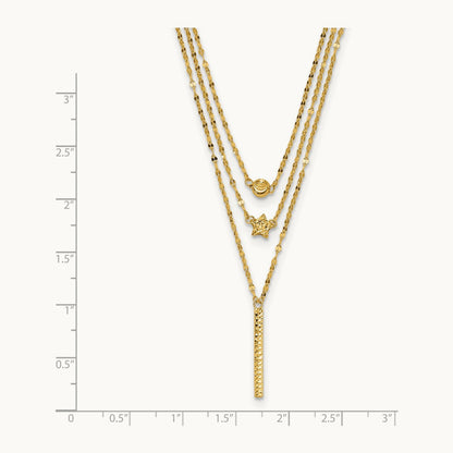 Three Layer D/C Bead/Star/Bar Necklace, 14K