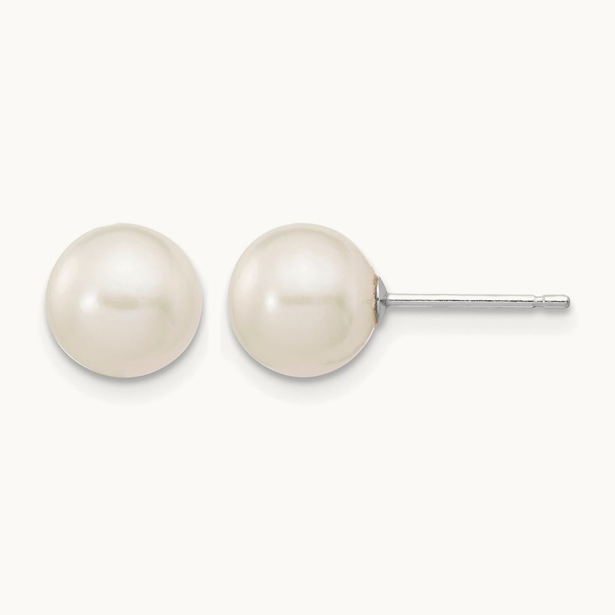 7- White Round FW Cultured Pearl Stud Post Earrings, 8mm, 14K White Gold