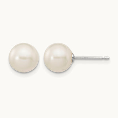 7- White Round FW Cultured Pearl Stud Post Earrings, 8mm, 14K White Gold