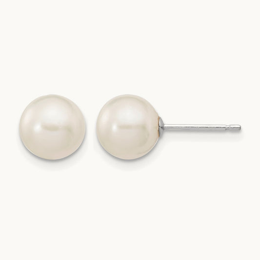 7- White Round FW Cultured Pearl Stud Post Earrings, 8mm, 14K White Gold