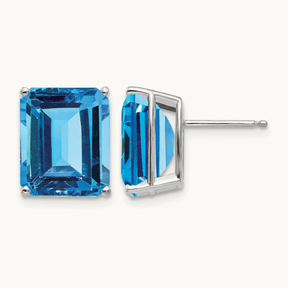 12x10mm Emerald Cut Blue Topaz Earrings, 14K White Gold