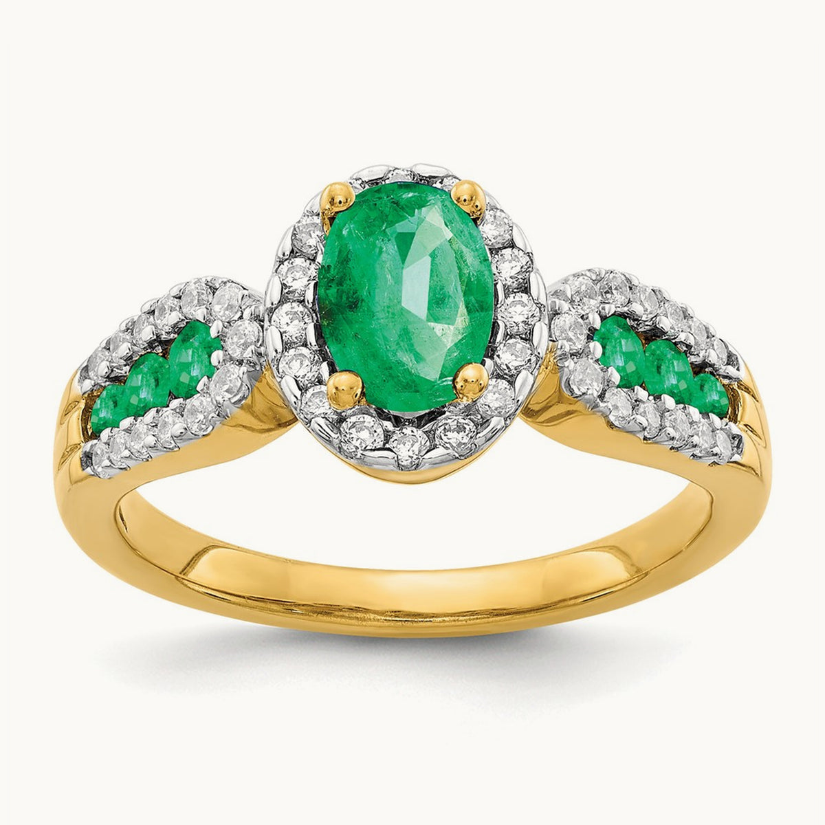 Diamond and Oval Emerald Ring — 14K Yellow Gold