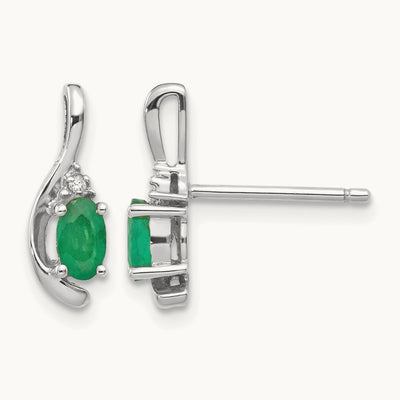 Emerald and Diamond Post Earrings — 14K White Gold