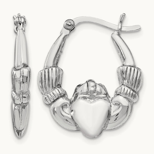 Rhodium-plated Polished Claddagh Hoop Earrings, Sterling Silver — Leslie's