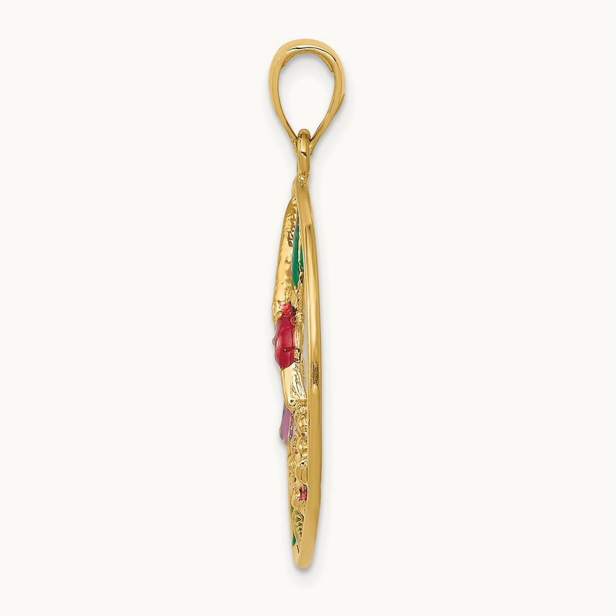 Enameled Hummingbird and Flower in Circle Pendant, 14K